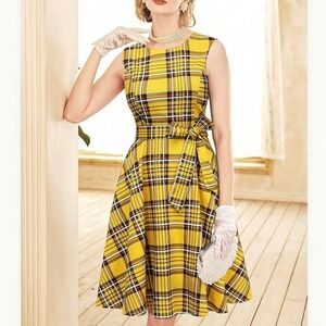 Sleeveless A Line Belted Dress Pockets Size Medium Yellow Plaid Y2K 50s Academia